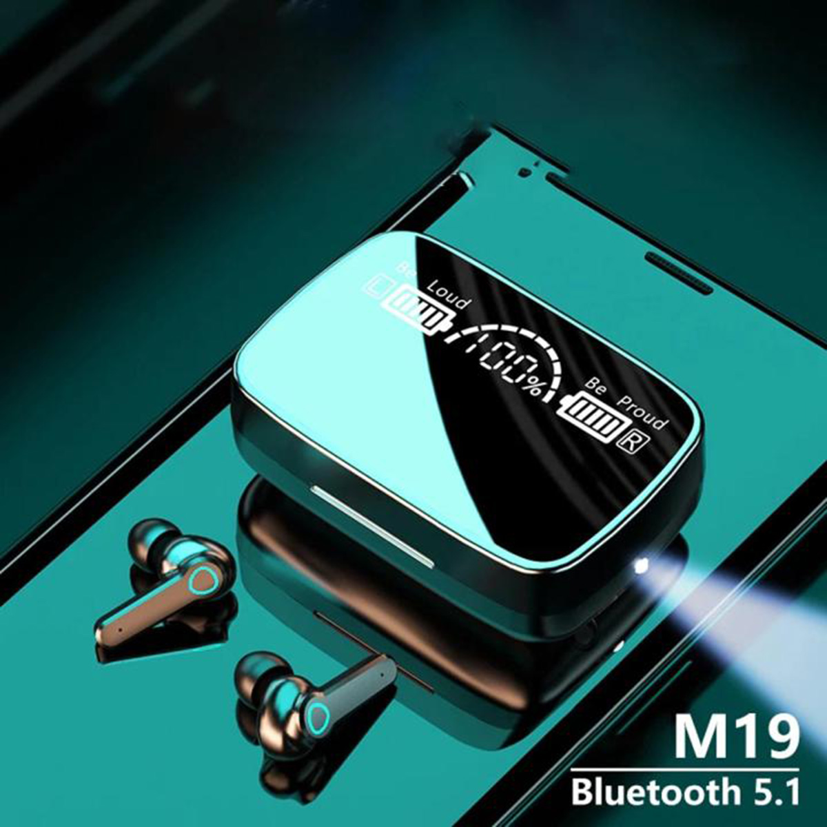 M19 TWS Wireless Bluetooth Latest V5.3 Earbuds And Mini Power Bank – LED Display With Touch Light