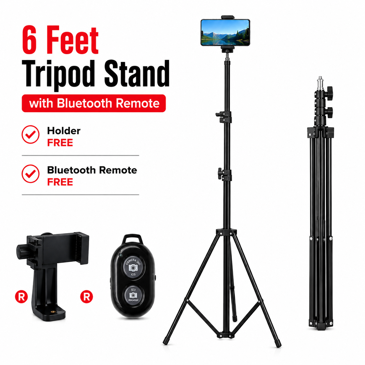 6 Feet Tripod Stand with Bluetooth Remote & Mobile Holder – Free