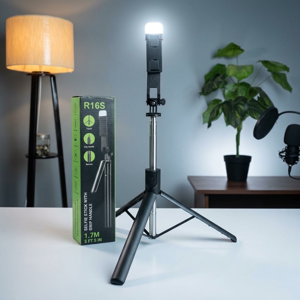 R16s Selfie stick with handle and duel mini light